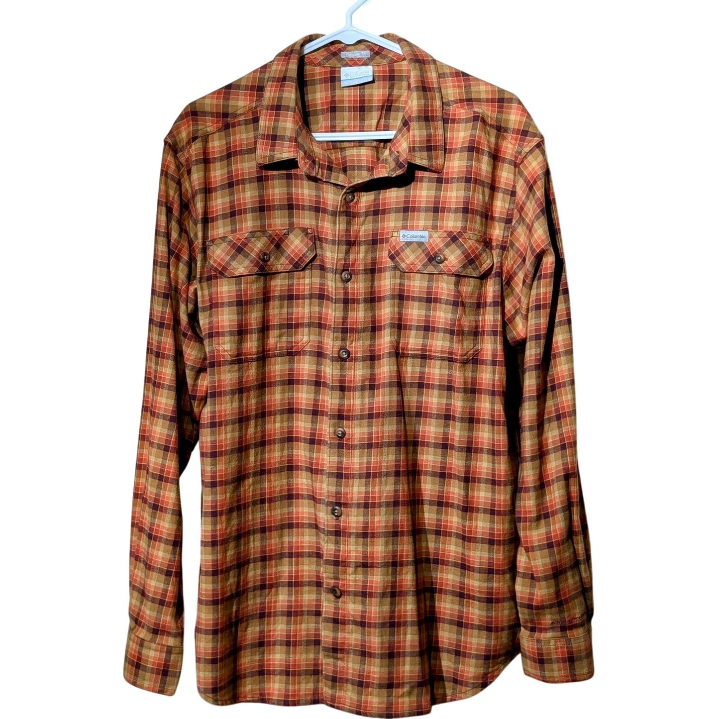 Columbia Orange Plaid Reg Fit Cotton Stretch Flannel Button Up Shirt Mens Sz L