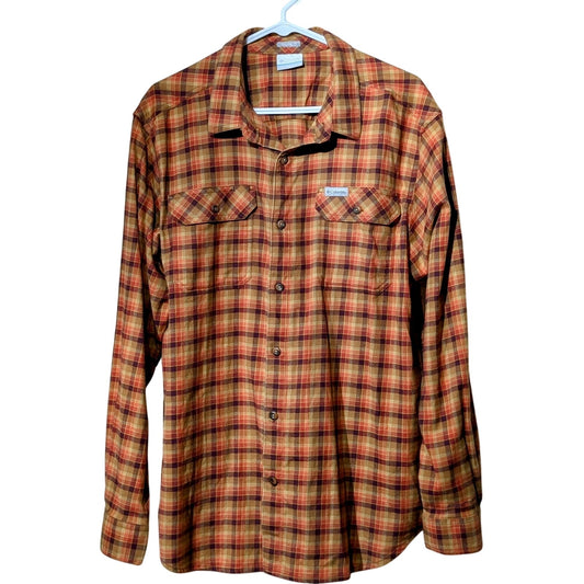 Columbia Orange Plaid Reg Fit Cotton Stretch Flannel Button Up Shirt Mens Sz L