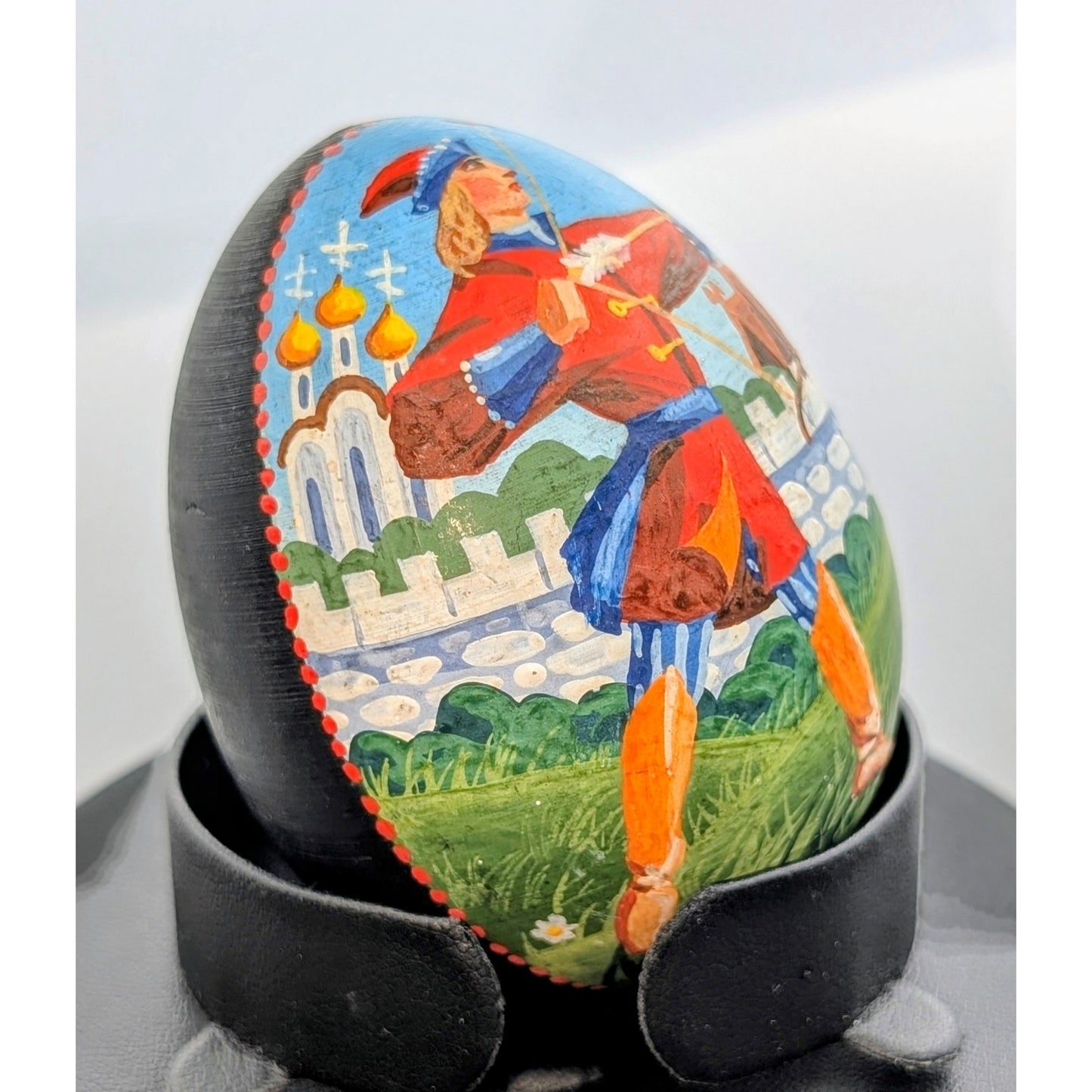 Wooden Russian Hand Painted Archer Man Frog Signed Black Decorative Egg