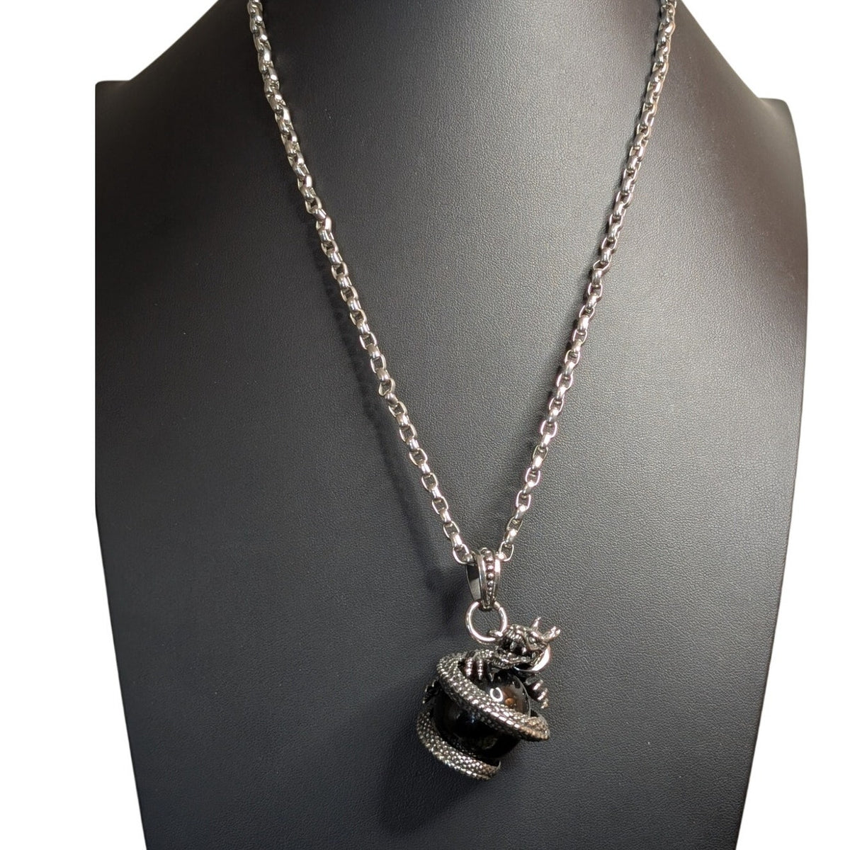 Dragon Obsidian Pendant On Heavy Silver Tone Rolo Link Chain 22" Necklace