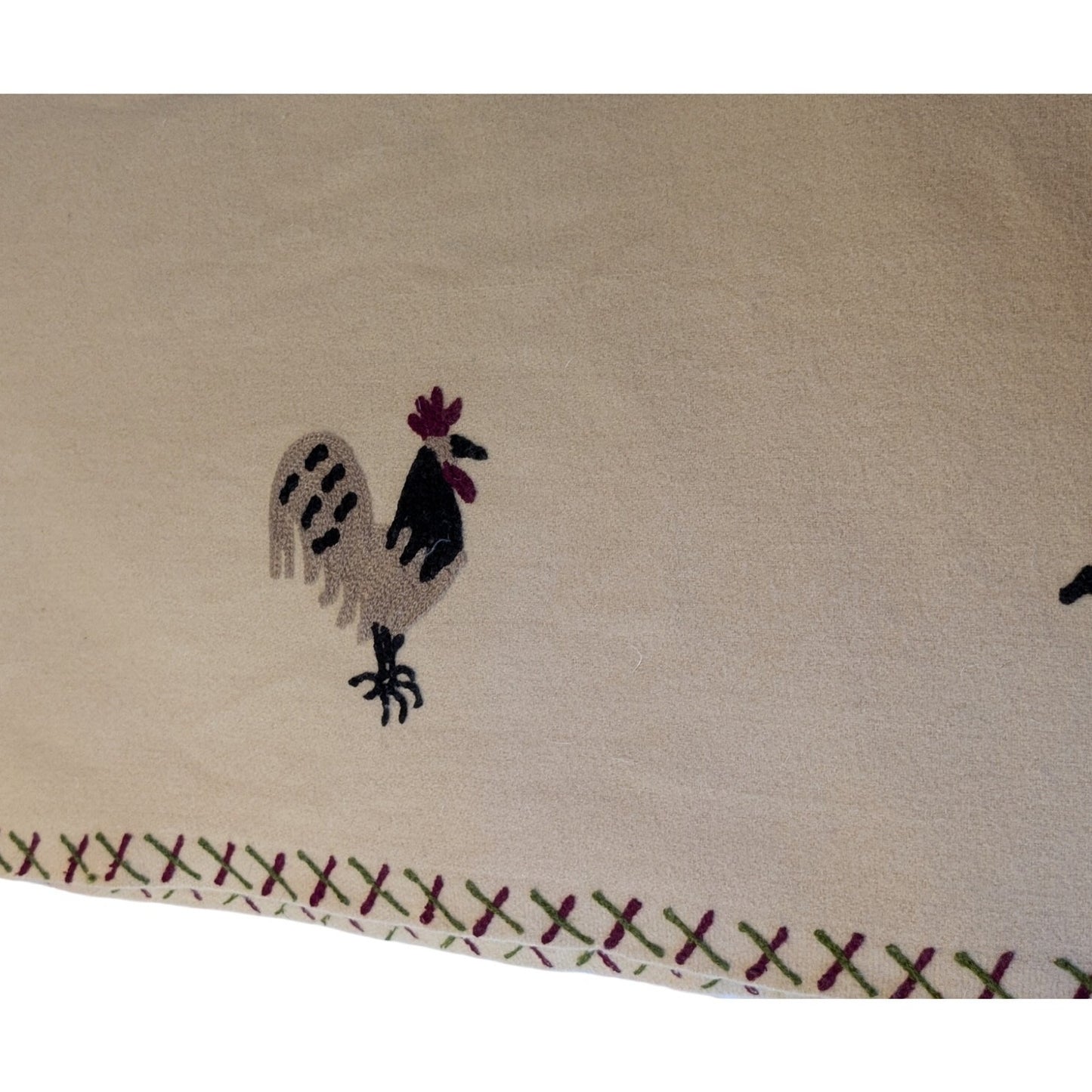 Vintage Tan Burgundy Black White 100% Wool Rooster Throw Blanket 54" X 70
