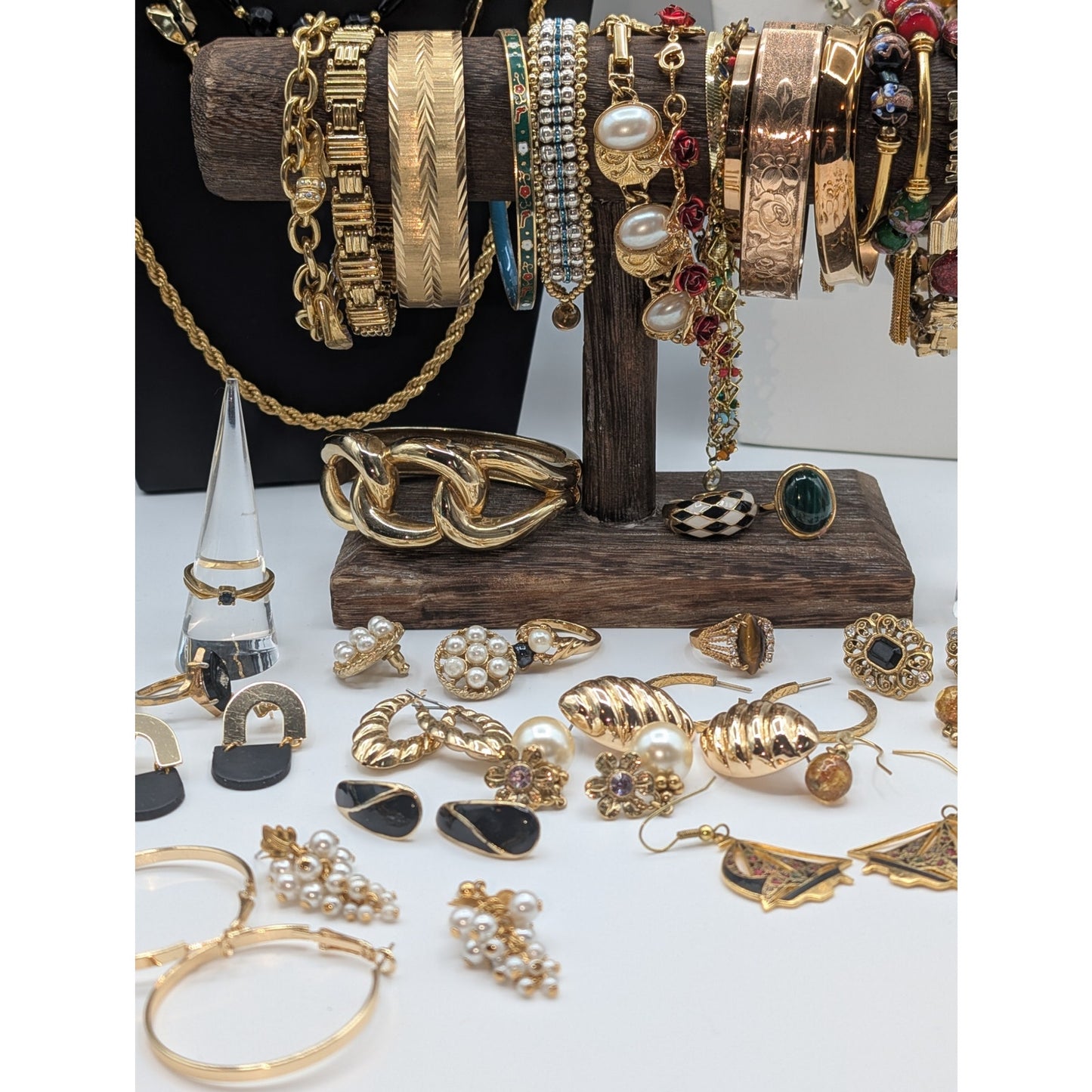 Reseller's Delight 46 Piece Gold Tone Vintage to Modern Costume Jewelry Lot