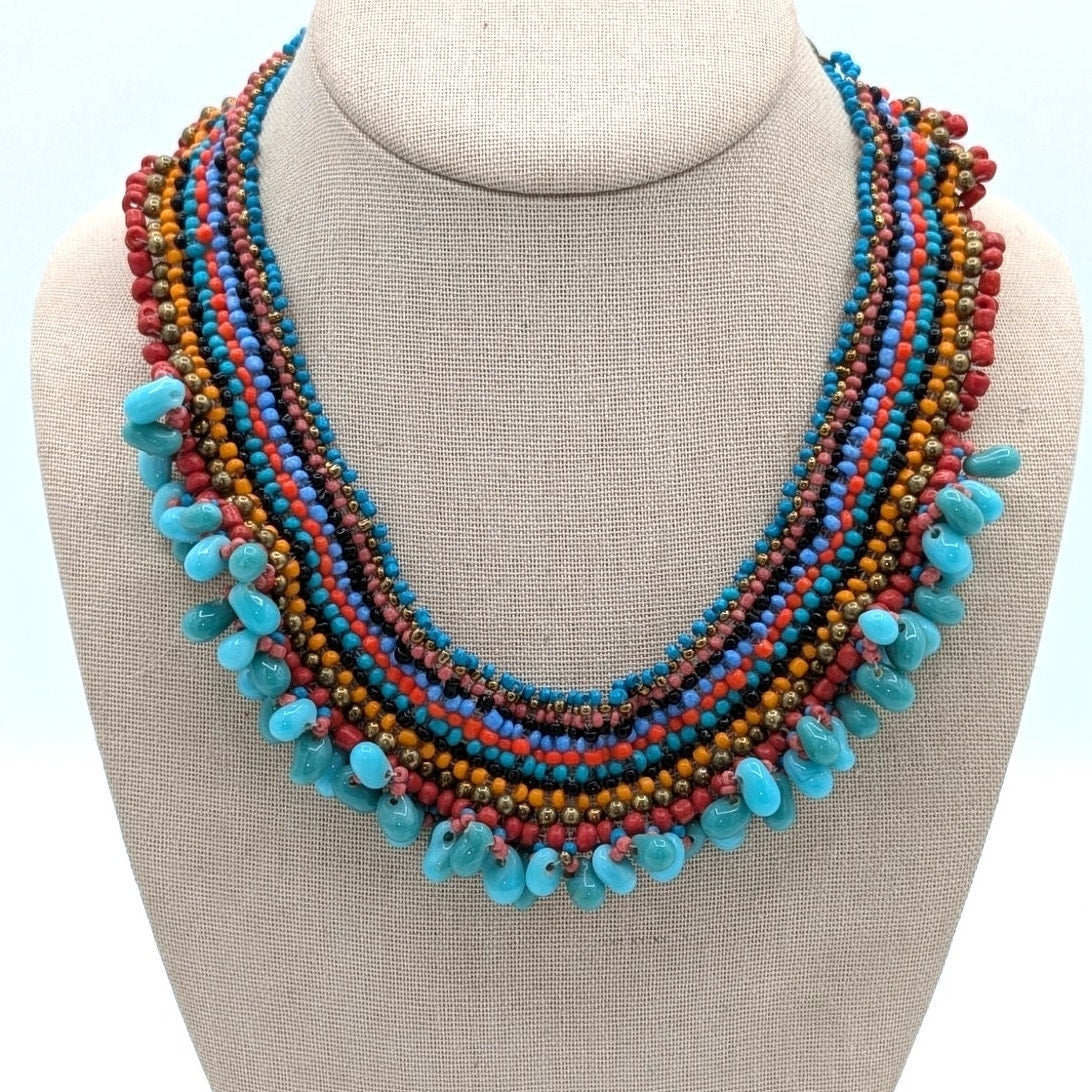 Multi-Color Woven Beaded Necklace W/ Turquoise Teardrop Dangle Bib Necklace