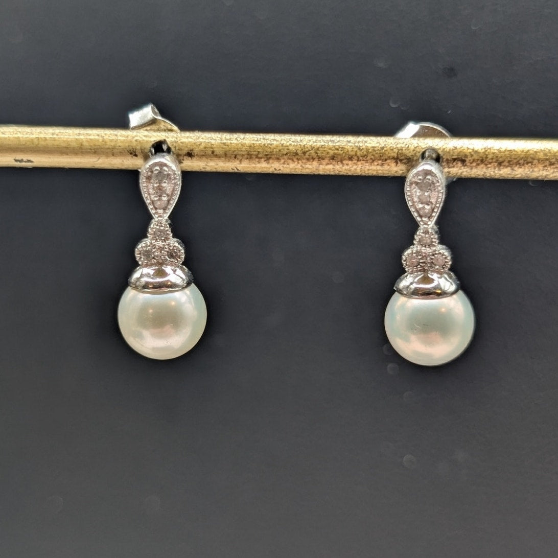 AFJC 925 Sterling Genuine Pearl White Sapphire Drop Earrings