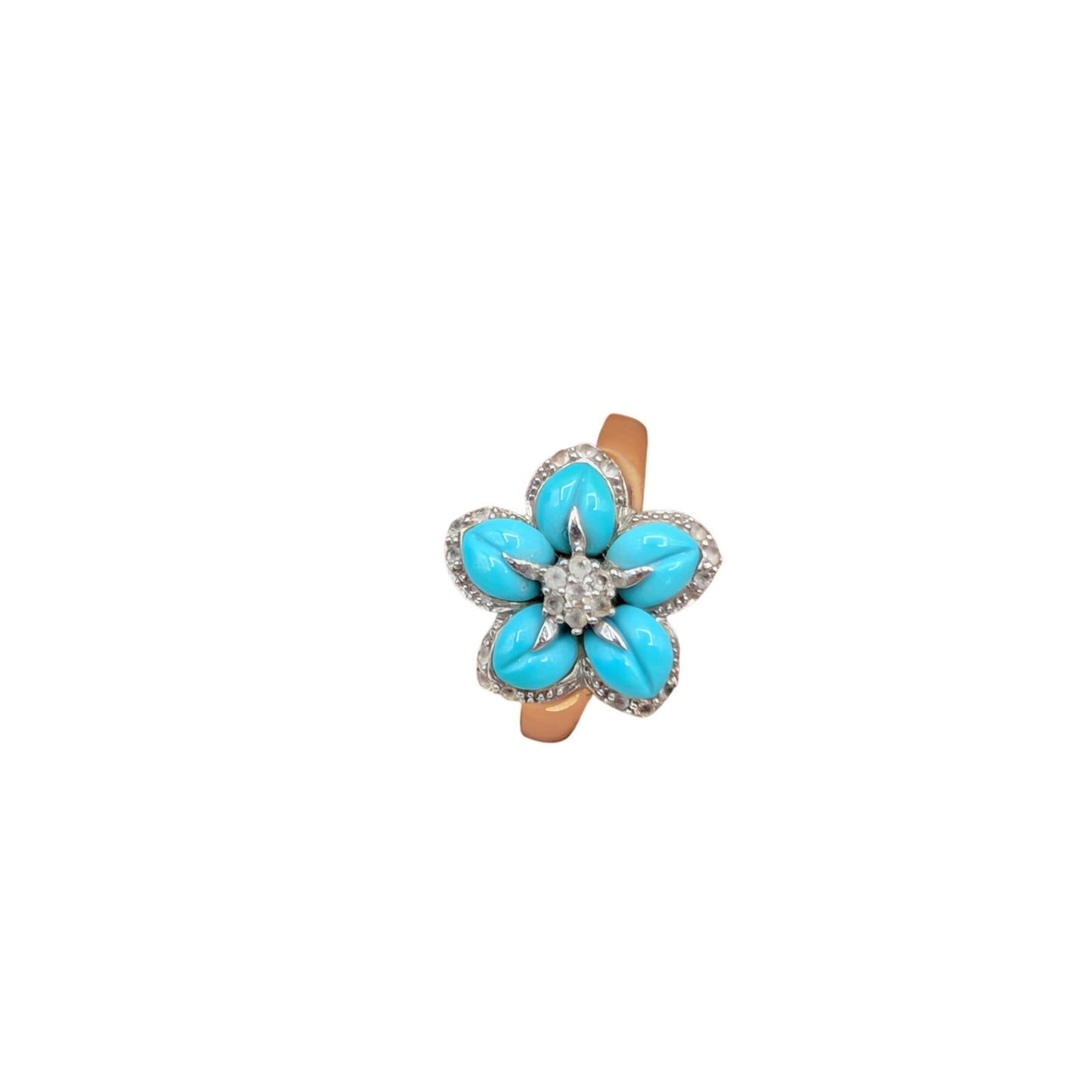 14KT Yellow Gold Carved Turquoise & Diamond Flower Ring Size 9.5