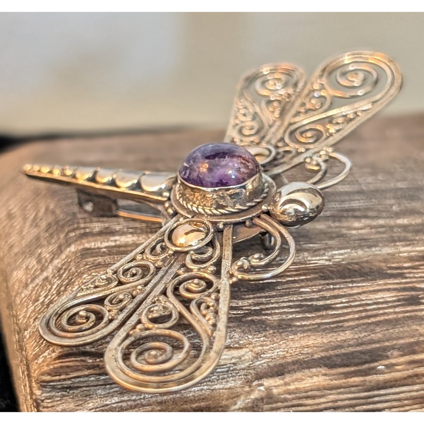 Vintage 925 Filigree Bali Design Amethyst Cabochon Dragon Fly C Clasp Brooch