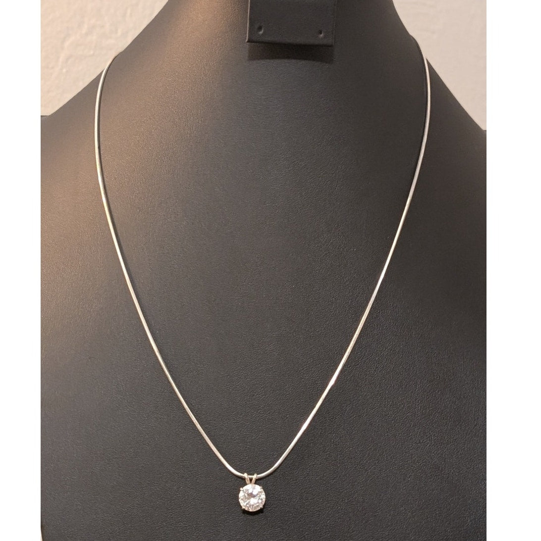 Lg CZ Solitaire Pendant on 24" 925 Italy Sterling Square Snake Chain Necklace