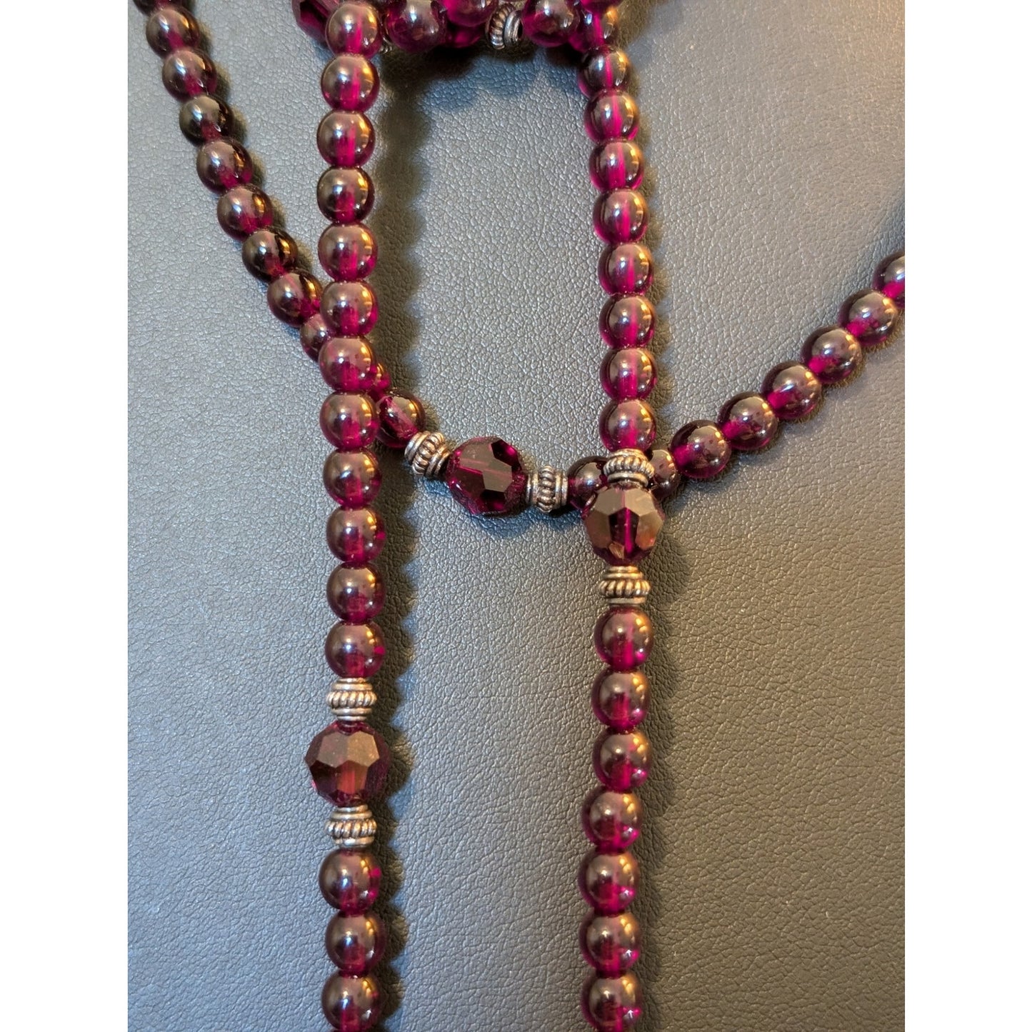 Boho Garnet Glass Bead Cranberry Pearl Sterling Leaf Tassel 63" Lariat Necklace
