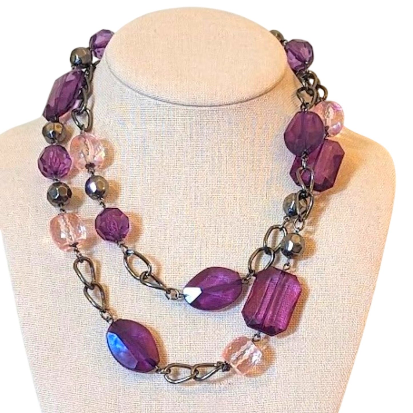 Chunky Gun Metal Purple, Pink Beaded Necklace