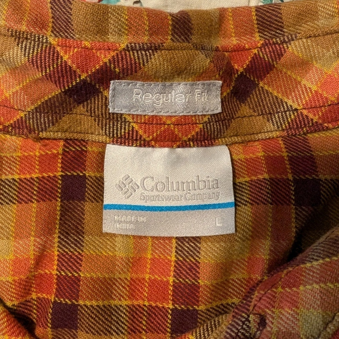 Columbia Orange Plaid Reg Fit Cotton Stretch Flannel Button Up Shirt Mens Sz L