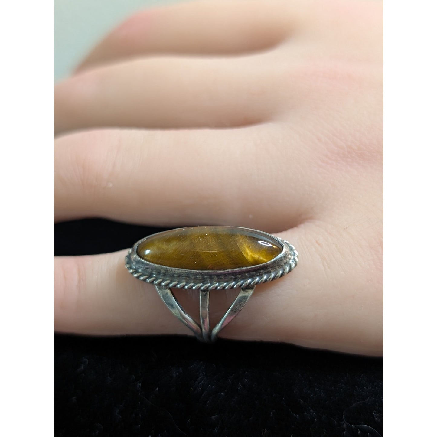 Vintage Sterling Silver Tiger's Eye Long Oval Native American Ring Size 4