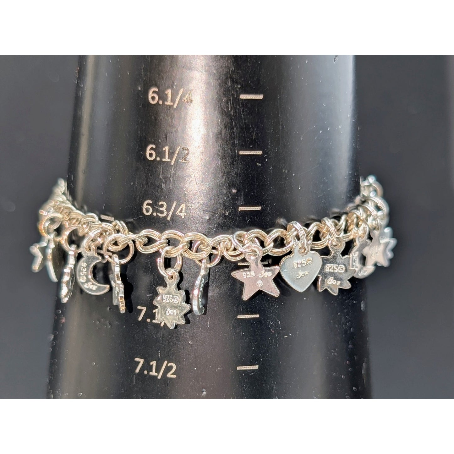Vintage 925 Italy Sterling Silver Star Crescent Moon Flower Heart Charm Bracelet