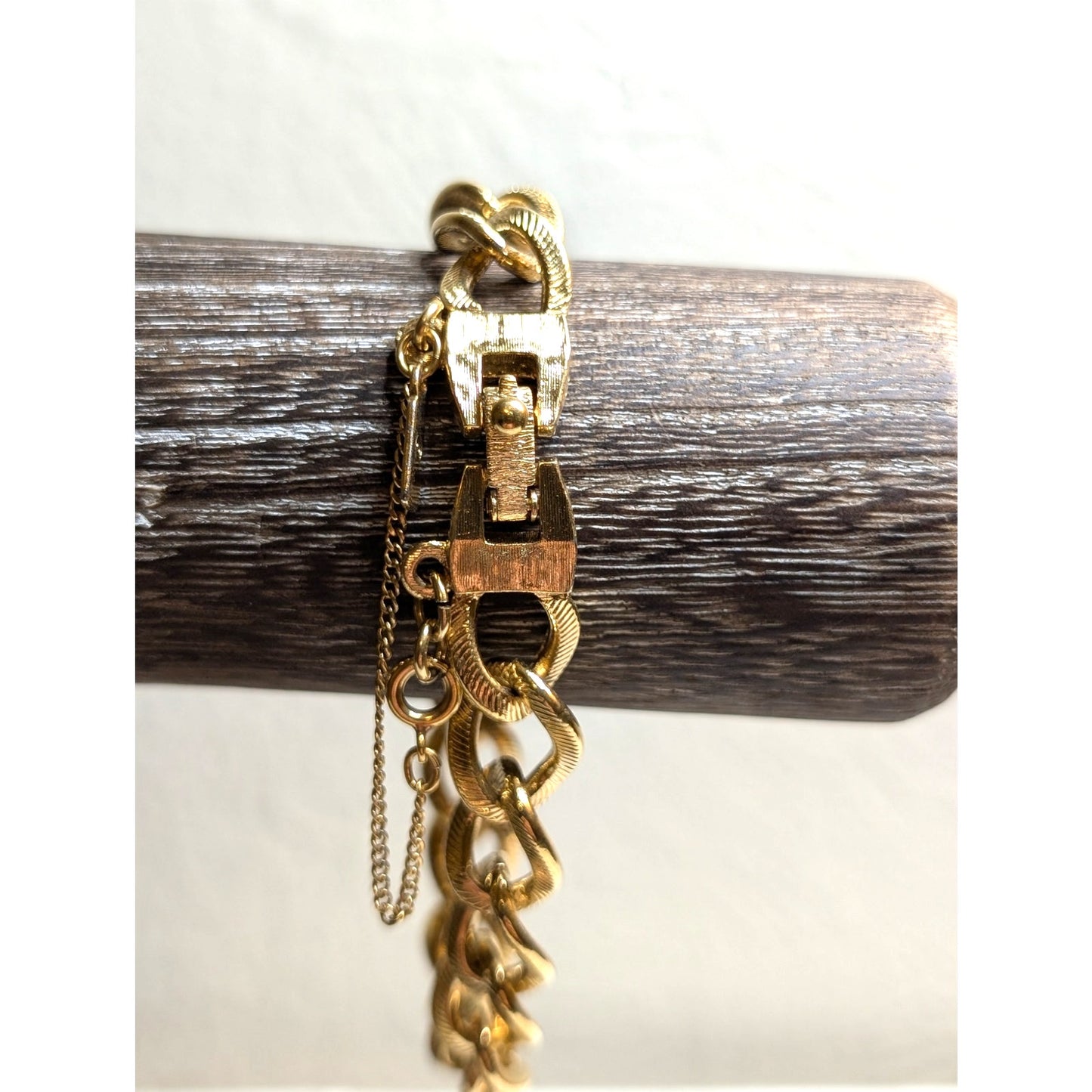 MONET Vintage Gold Tone Textured Cuban Link Safety Chain Charm Bracelet