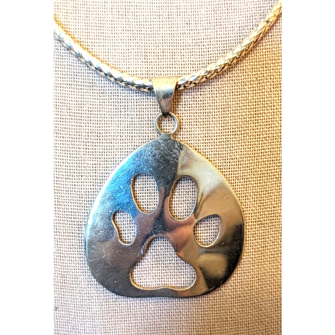 925 Sterling Paw Print Pendant on Woven 925 Silver Italy 16-18" Collar Necklace