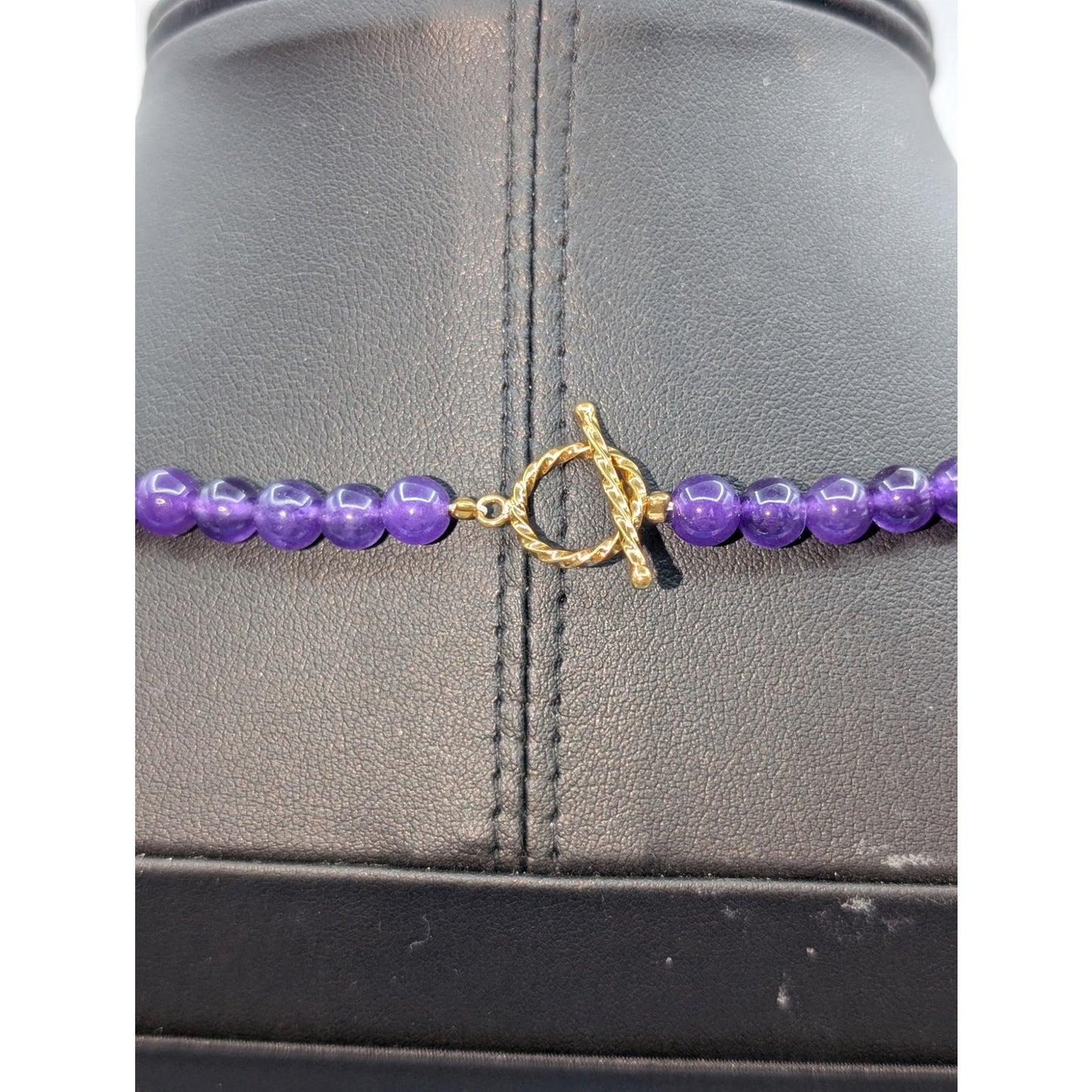 Amethyst Stone & Faceted Crystal Center Bead Gold Tone Toggle Clasp 28" Necklace