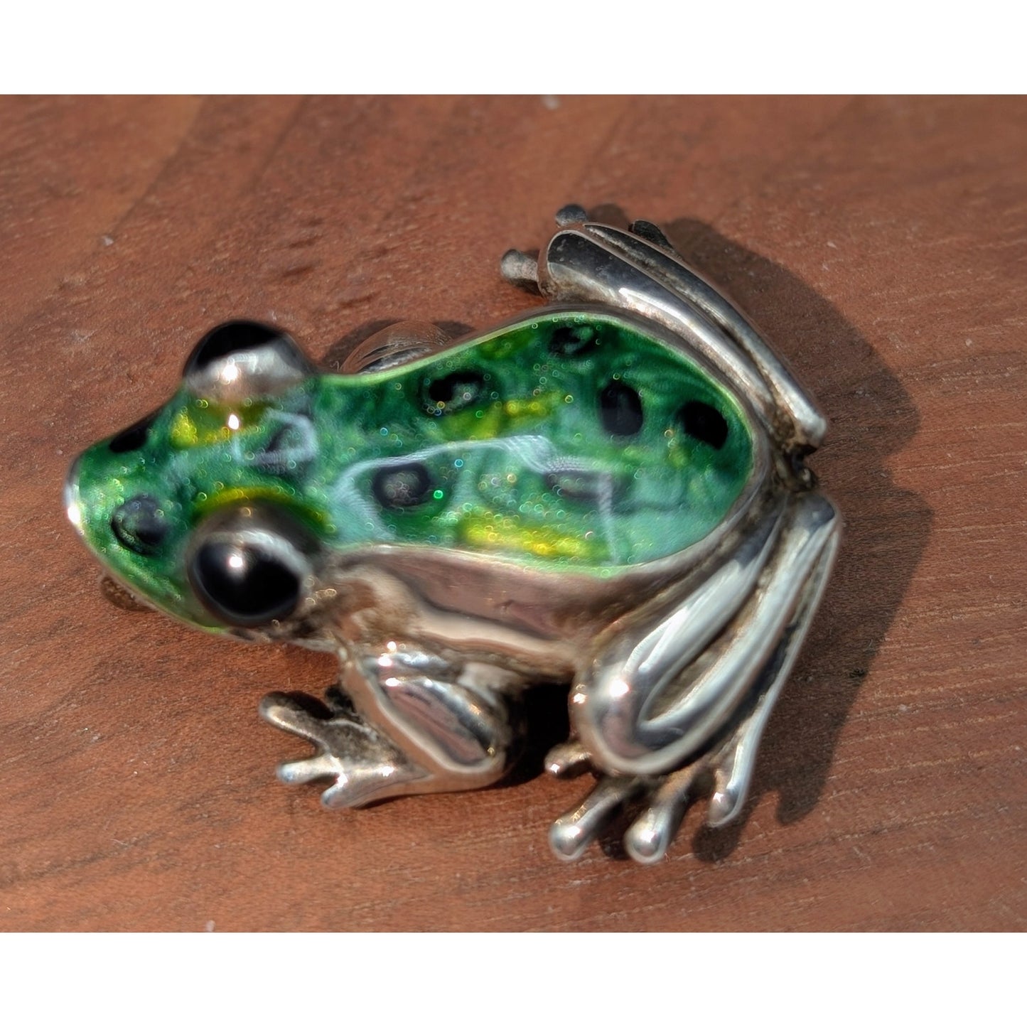 Vtg 925 Italy Sterling Hand-Painted Green Spotted Enamel Frog Brooch 11.14g