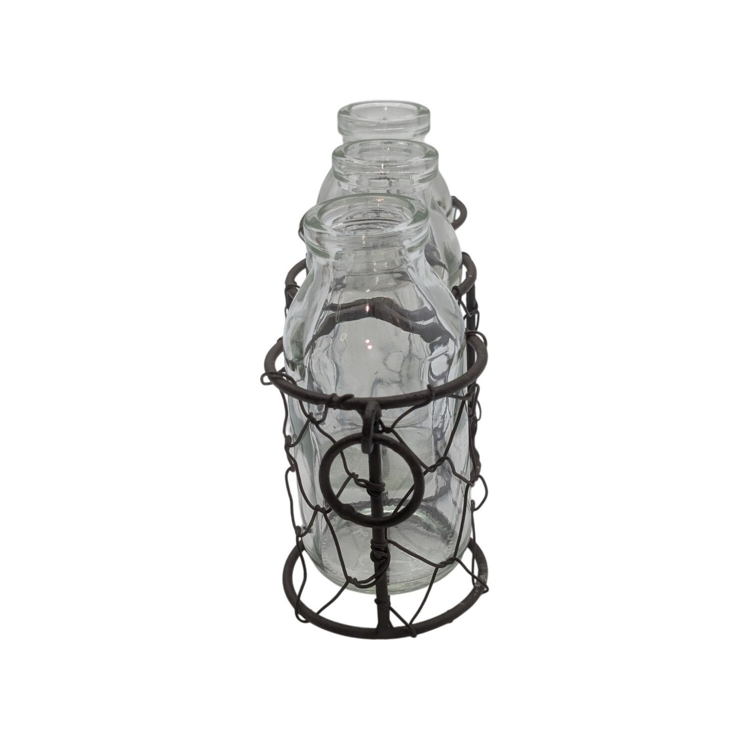 Rustic Metal Chickenwire Caddy W/ Three Clear Bud Vases