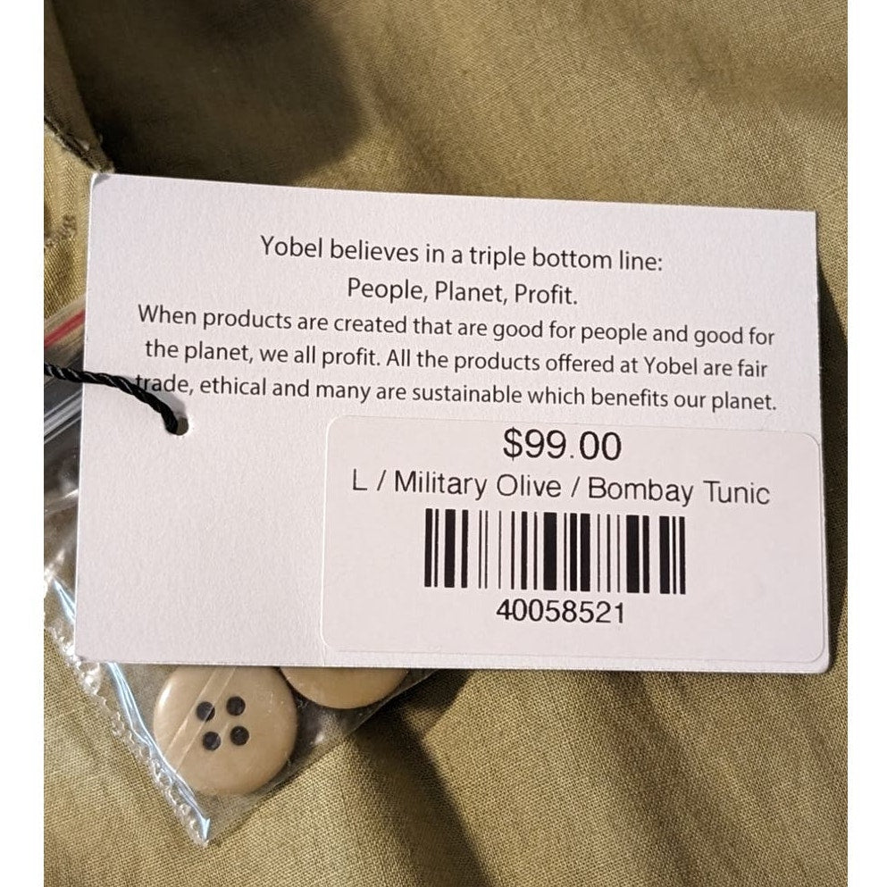 Yobel NWT Military Olive Bombay Button Front 100% Cotton Tunic Mens Size L