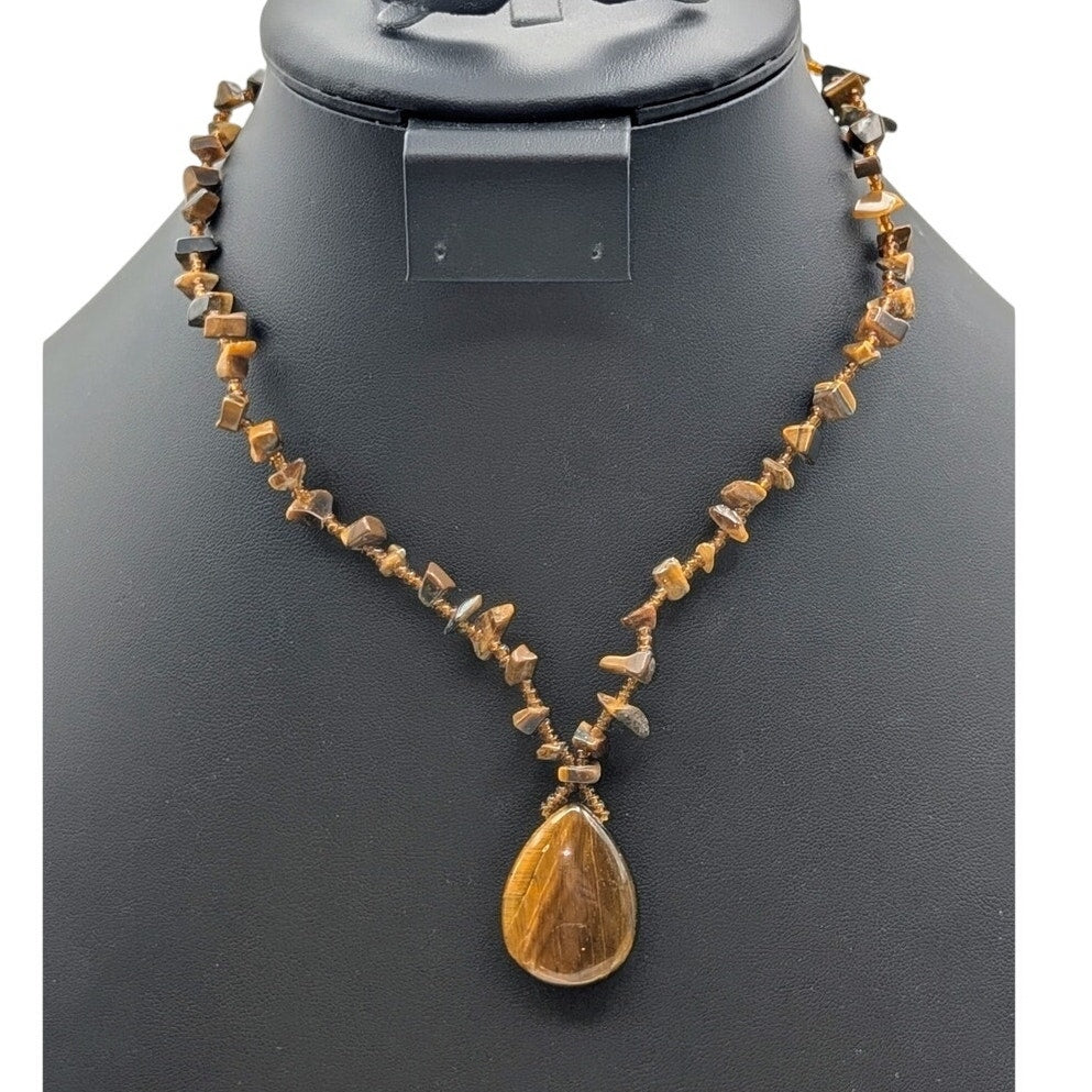 Vintage Tiger's Eye Chip Bead Pendant Barrel Clasp 17" Necklace