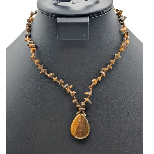 Vintage Tiger's Eye Chip Bead Pendant Barrel Clasp 17" Necklace