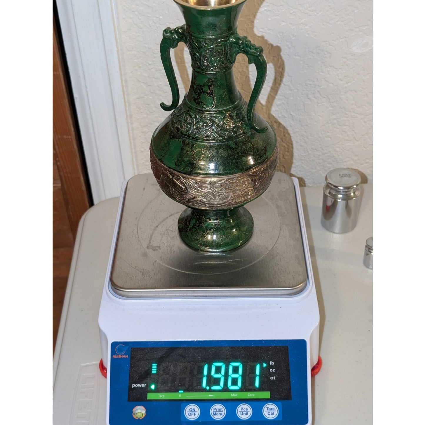 Vtg Japanese Embossed Shishi Brass Green Cast Metal Flower Vase