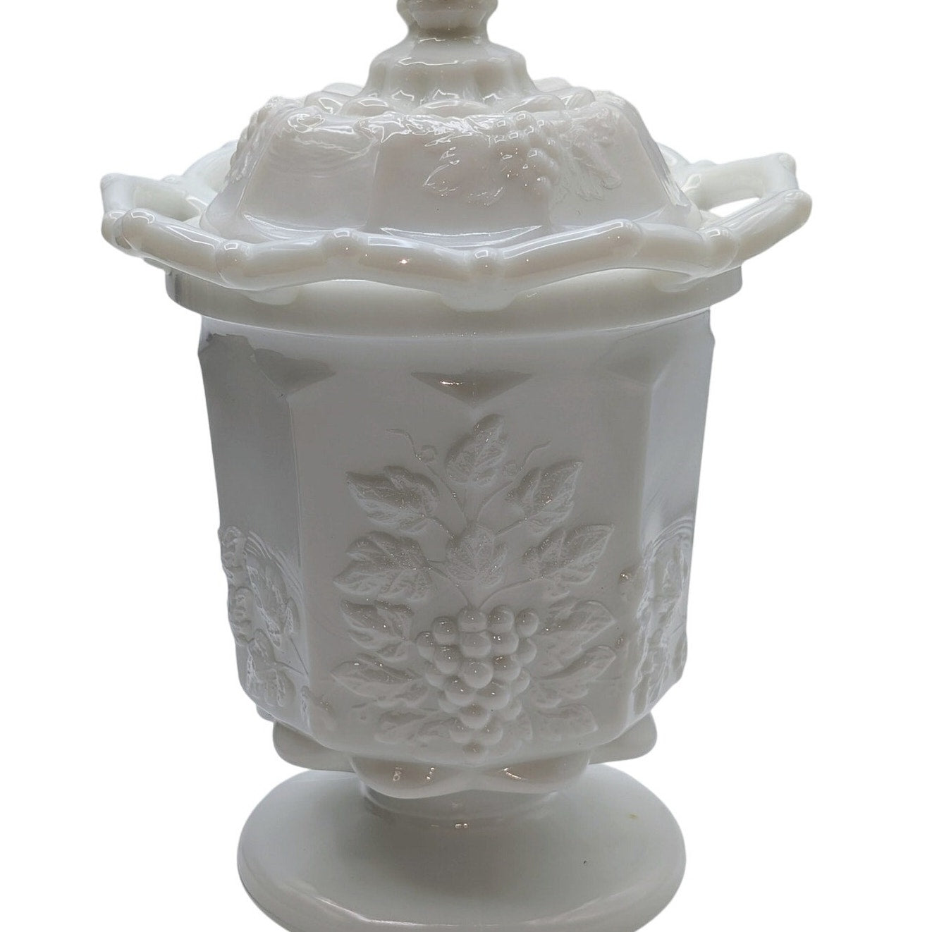 Vtg Westmoreland Milk Glass Grape Design Open Lace Lidded Top Decorative  Jar