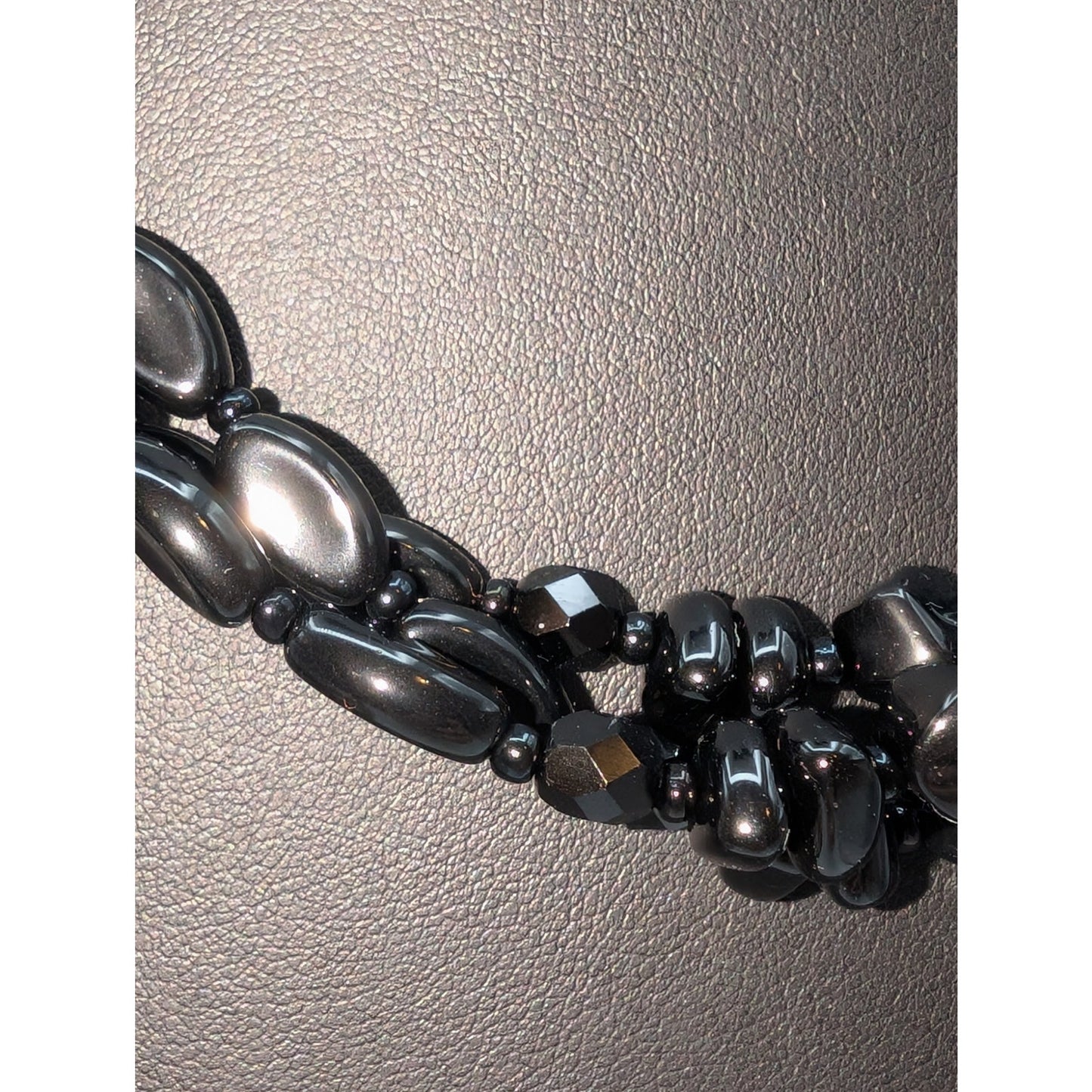 Vintage Three Strand Black Glass Beaded Slide In Fancy Clasp Necklace