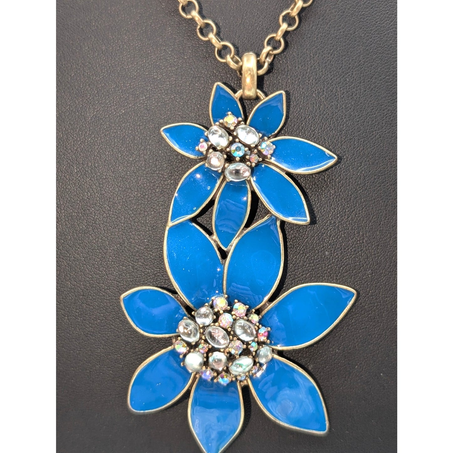 Coldwater Creek Blue Enamel AB Rhinestone Floral Antiqued Gold Chain Necklace
