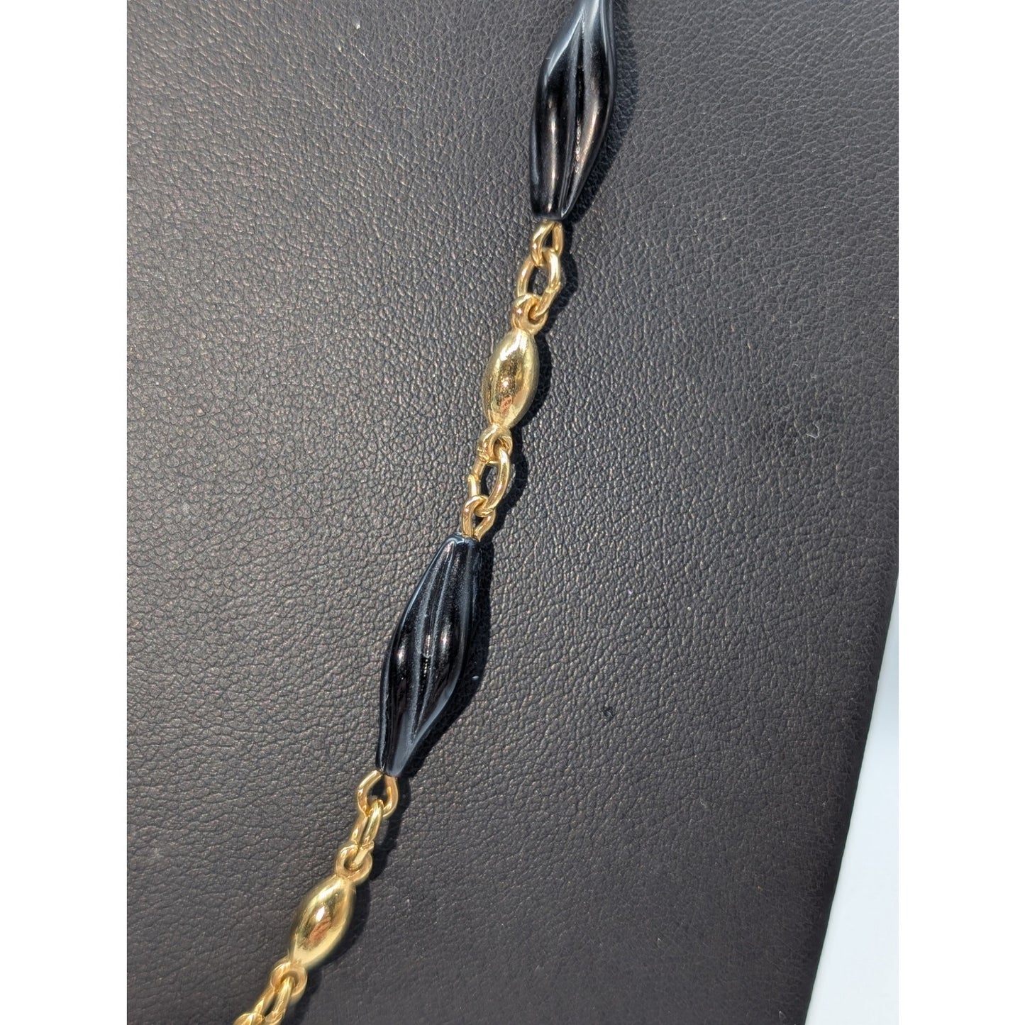 Vintage Trifari Gold Tone Black Carved Twisted Cylinder Glass Bead 31" Necklace