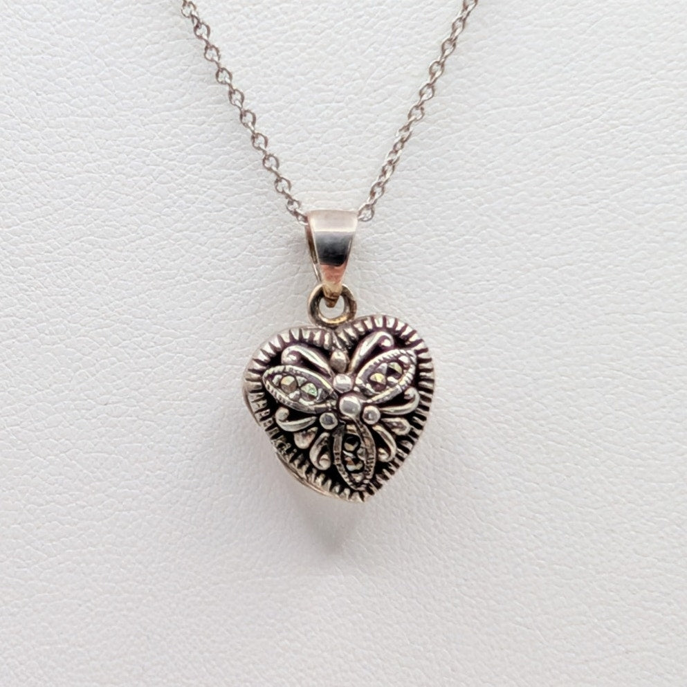 Vtg Silver Tone Cut Out Marcasite Butterfly Heart Locket Pendant Chain Necklace