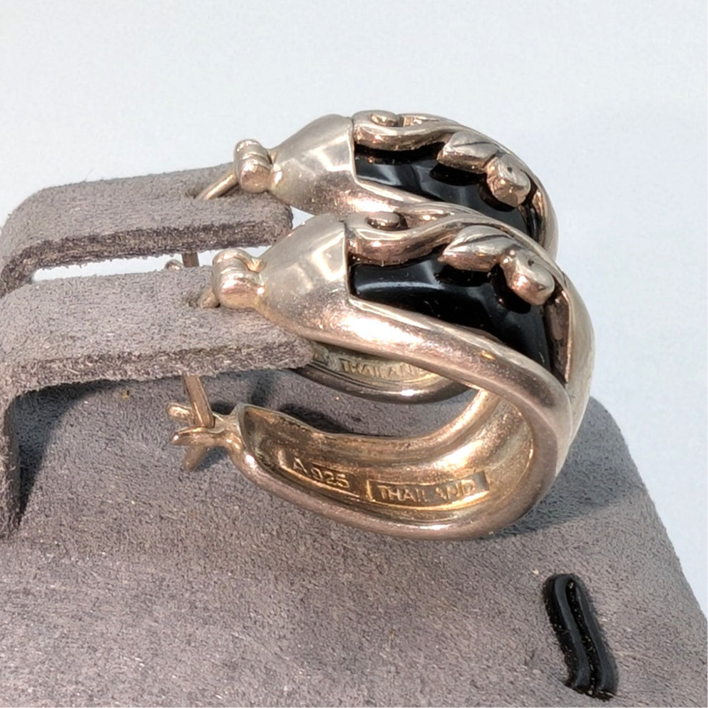 Vintage Thai Sterling Silver Black Onyx Floral Overlay Huggie Earrings