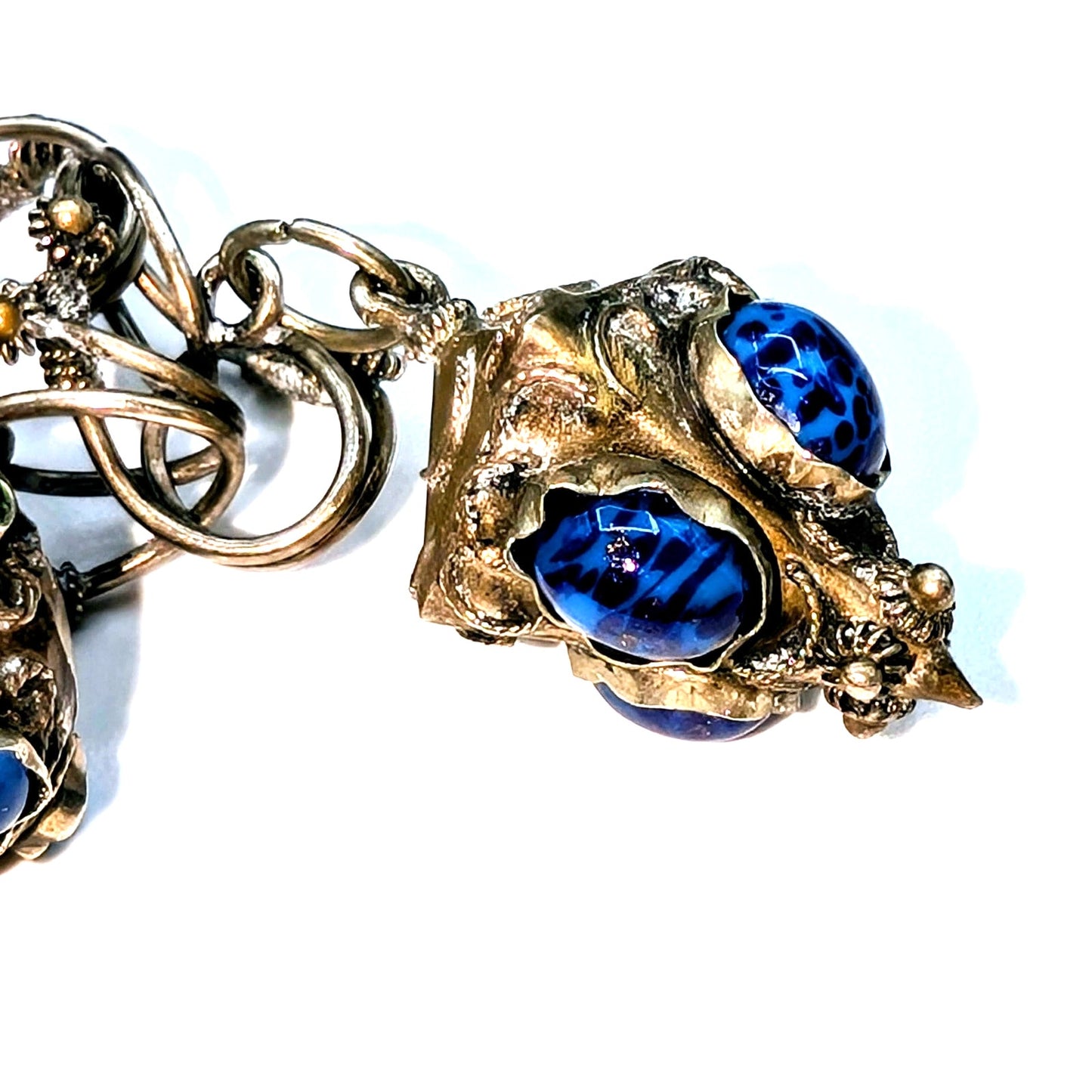 Antique Etruscan Revival 800 Silver Ornate Multi-Stone Charm Fob Bracelet