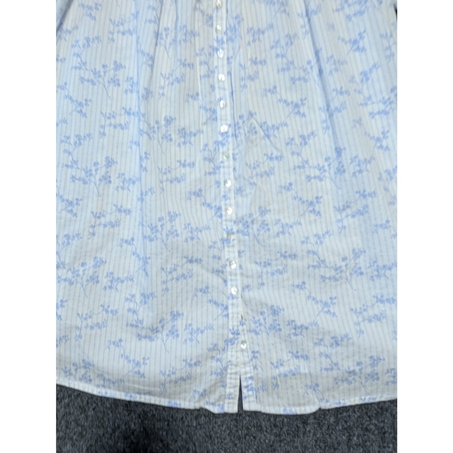 Eileen West Blue Stripe Floral Cotton Button Front 3/4 Sleeve Lace Sleepwear L