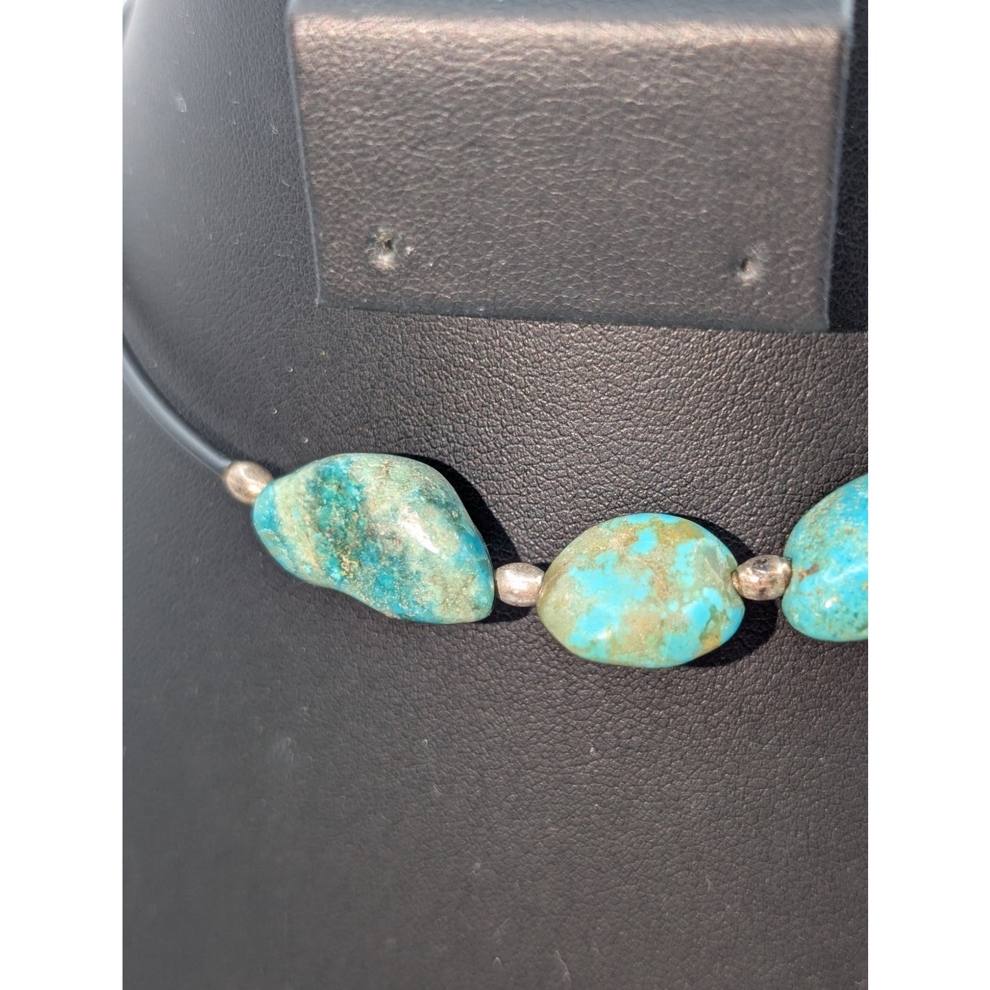 Vtg 70s Boho Blue Stone 925 Sterling Bead Black Cord Adjustable Choker Necklace