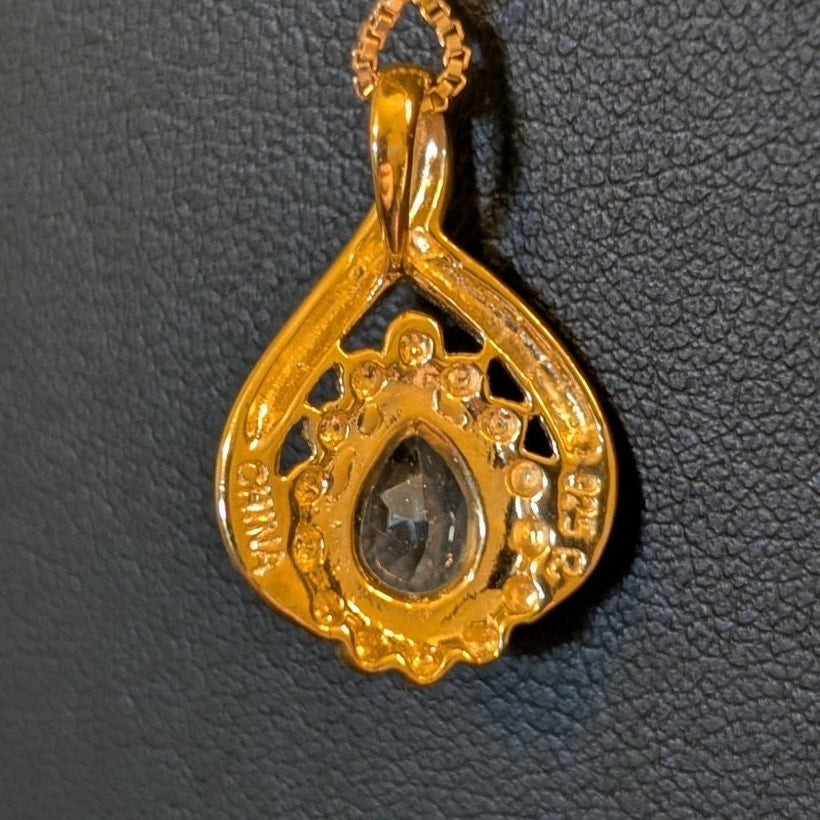 Sterling Gold Vermeil Blue Topaz Diamond Accent Pendant Box Chain 18" Necklace