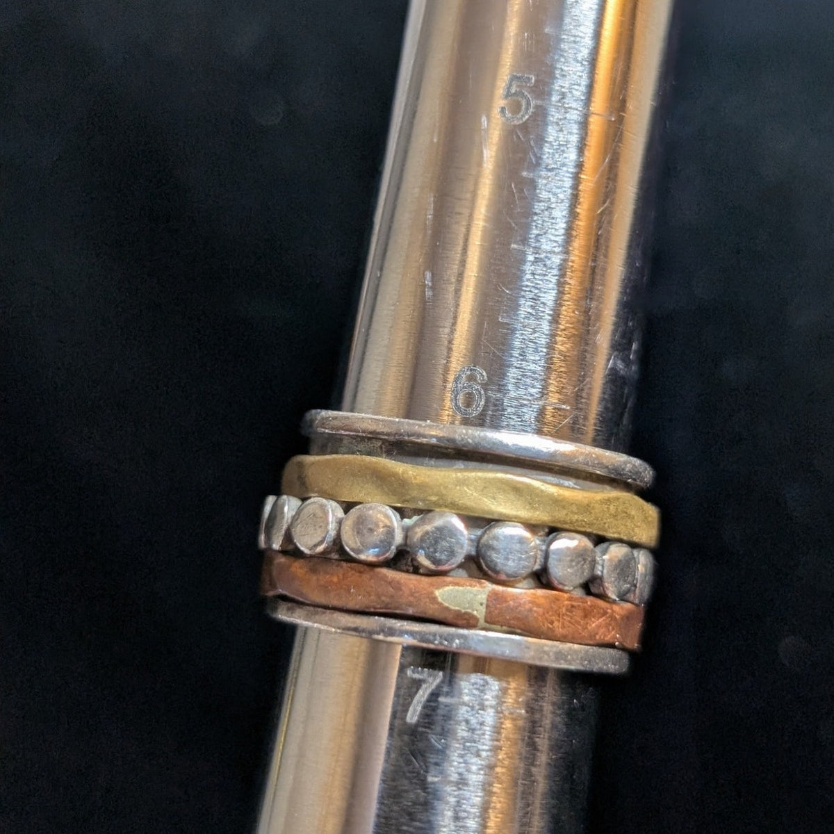 Hand Crafted Sterling Silver Brass Copper Wide Band Spinner Ring Size 6.25