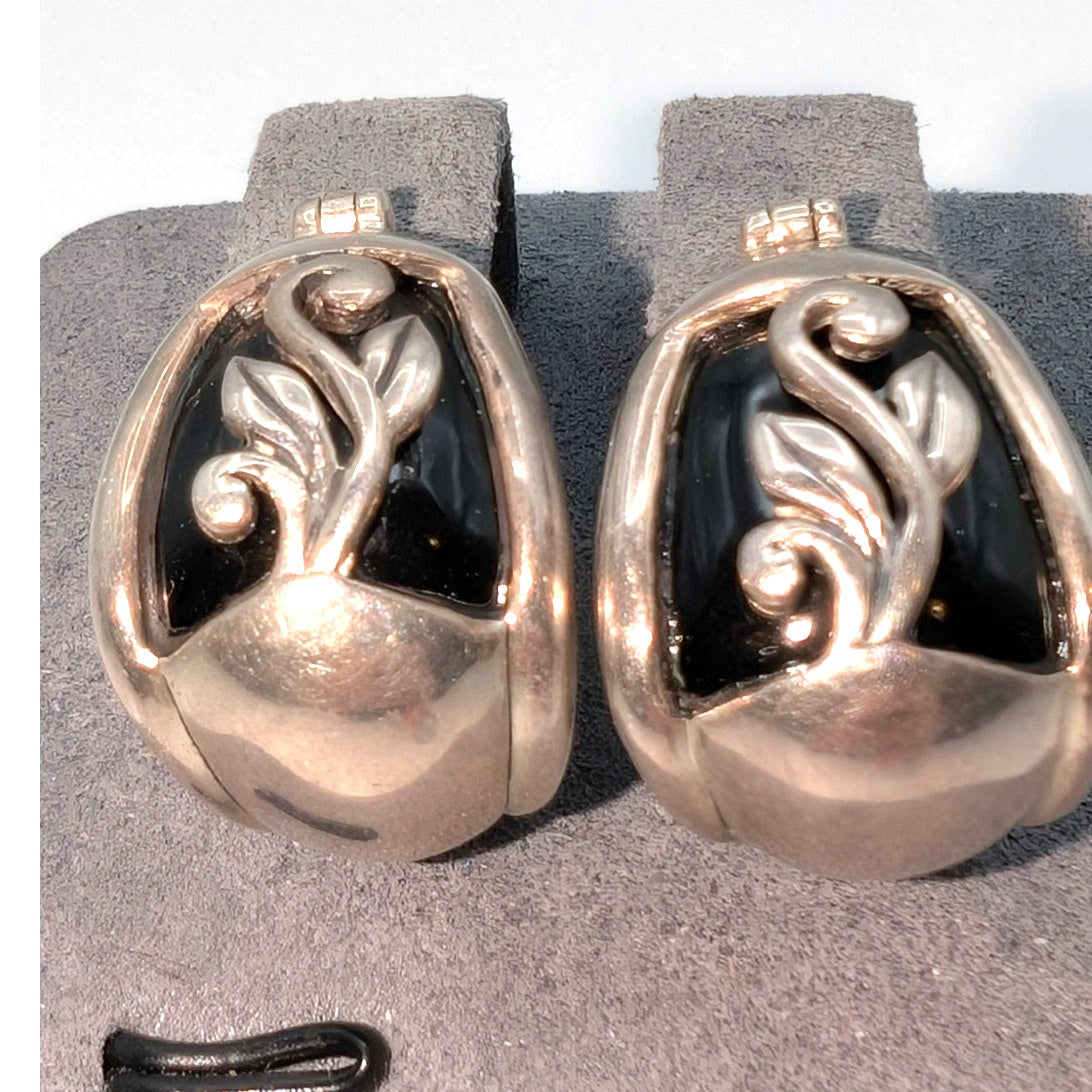 Vintage Thai Sterling Silver Black Onyx Floral Overlay Huggie Earrings