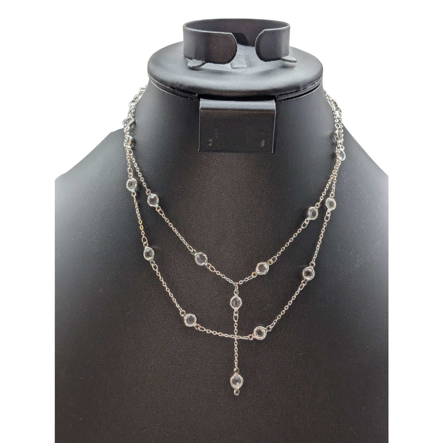 Double Strand Silver Tone Crystal Station Y Drop 15.5" Choker Necklace