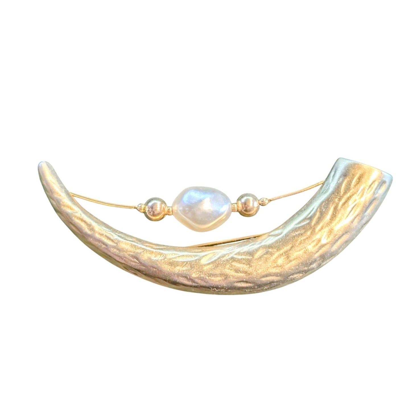 Large 3.75" Long Gold Tone Tusked Horn Faux Pearl Brooch