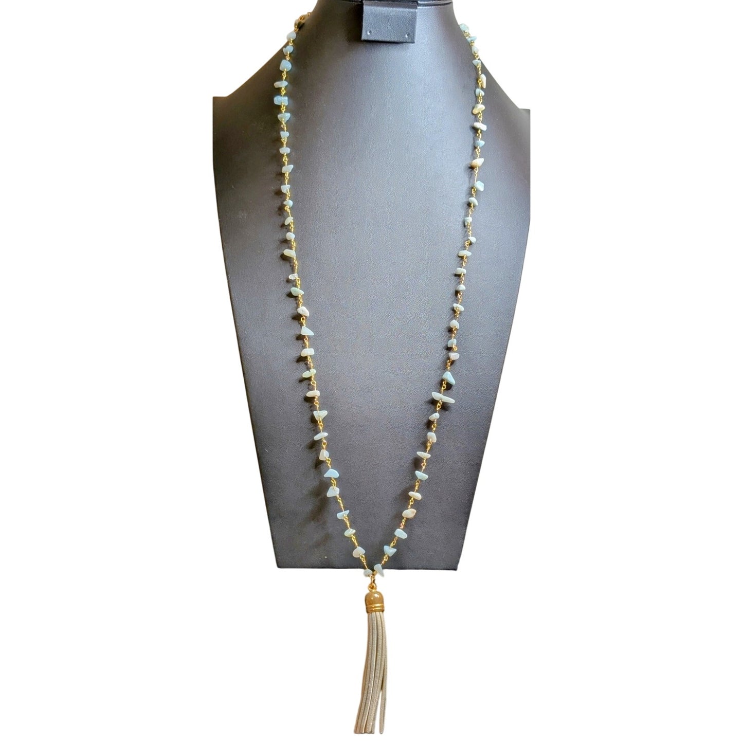 Blue Stone Chip Rosary Chain Leather Tassel Boho 36" Long Necklace