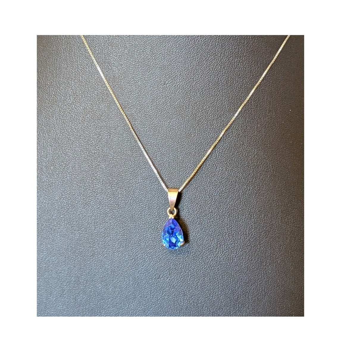 Blue Crystal Teardrop 925 Sterling Silver Pendant & 18" Box Chain Necklace