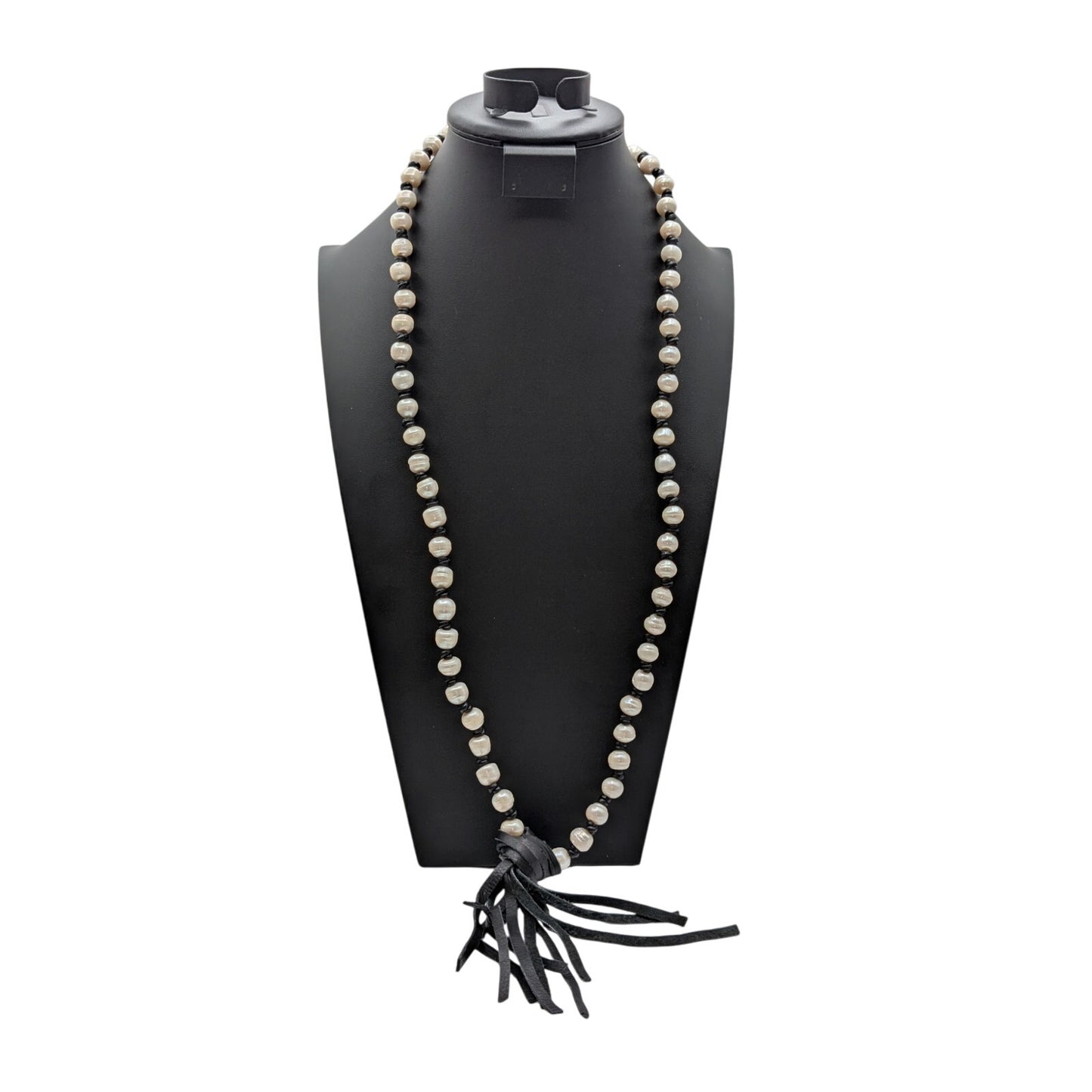 Boho Freshwater Pearl Leather Knotted Black Leather Tassel 36" Necklace
