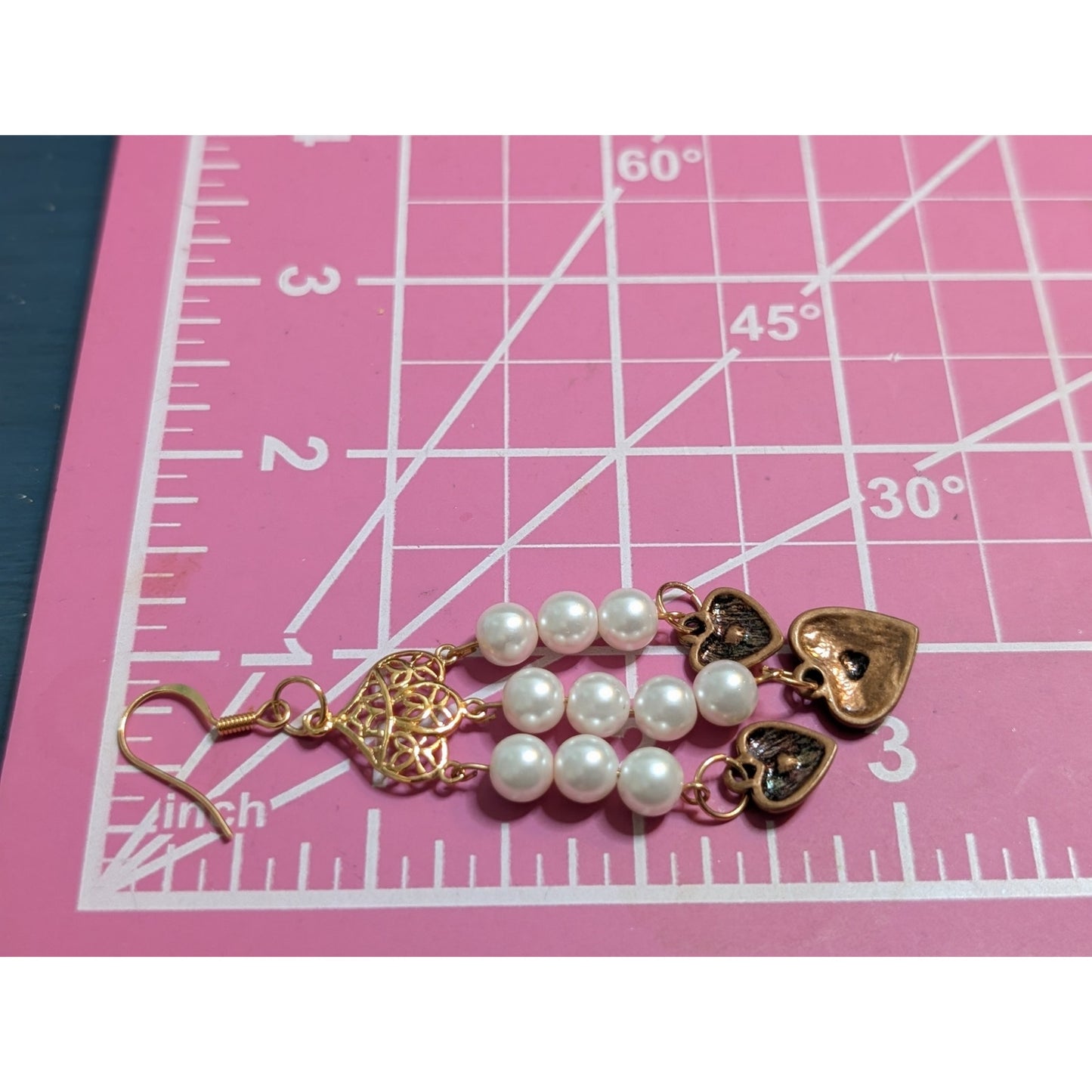 Rose Tone Triple Pearl Strand Dangle Hearts Earrings