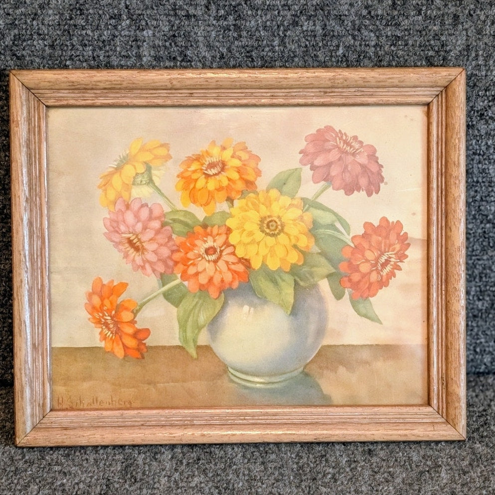 Antique Huibert Schallenberg Signed Botanical 'Mums' Wood Framed Print