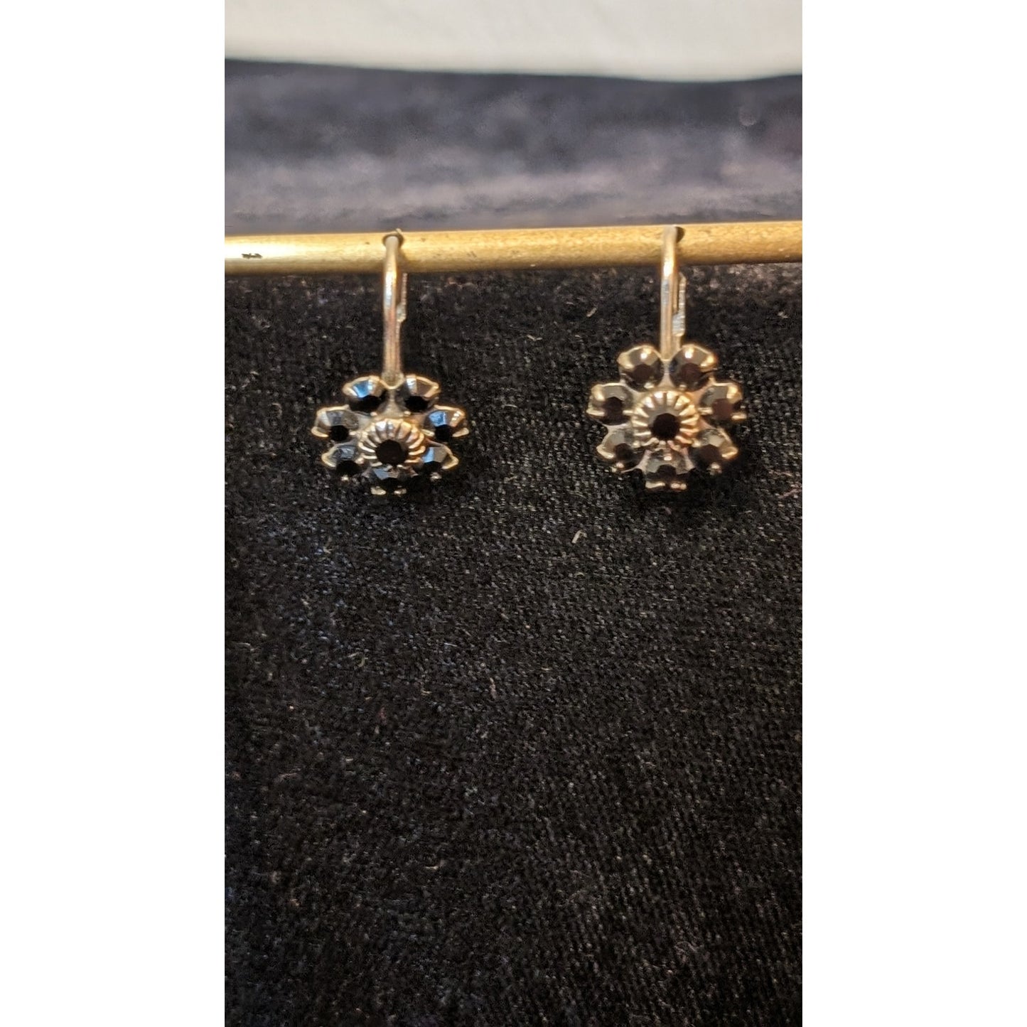 Silver Tone Black Crystal Flower Lever Back 1/4" Earrings