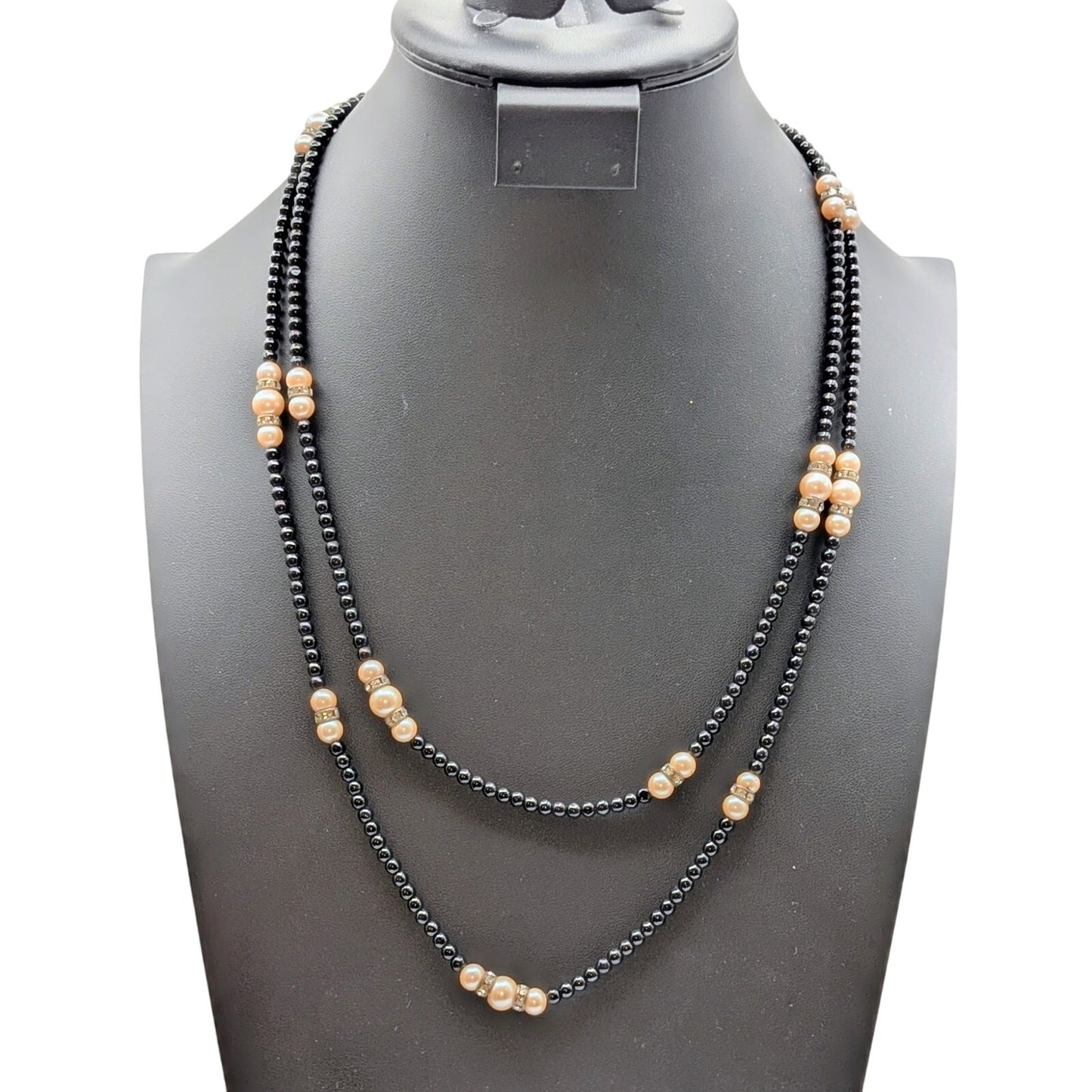 Vintage 50" Black Glass Bead Faux Pearl Rhinestone Rondelle Bead Necklace