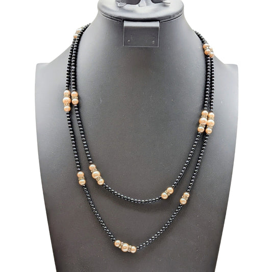 Vintage 50" Black Glass Bead Faux Pearl Rhinestone Rondelle Bead Necklace