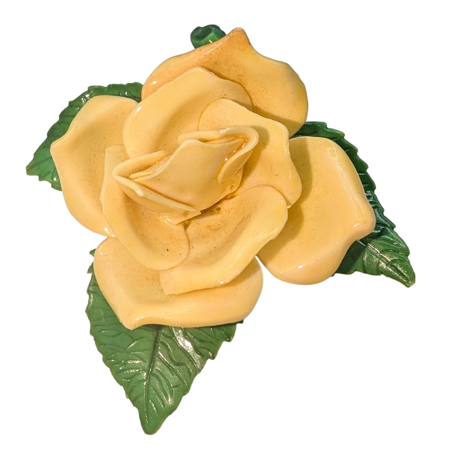 Vintage Yellow Rose Green Leaves Plastic Flower Brooch