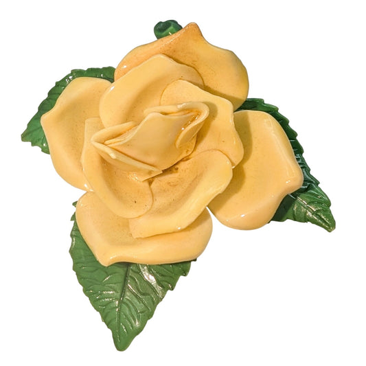 Vintage Yellow Rose Green Leaves Plastic Flower Brooch