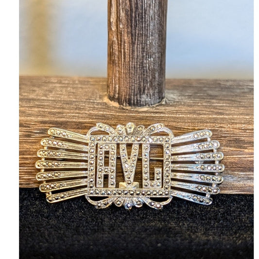 Vintage Oscar Placco Sterling Silver Marcasite Brooch W/ Monogram AVL 10.40g